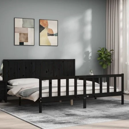 Bed frame with black solid wood headboard 200x200 cm by vidaXL, Beds and slatted bases - Ref: Foro24-3192645, Price: 225,58 €...
