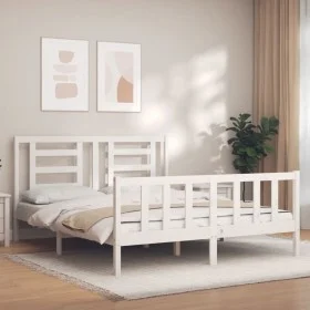 White solid wood bed frame with headboard 160x200 cm by vidaXL, Beds and slatted bases - Ref: Foro24-3192892, Price: 141,33 €...