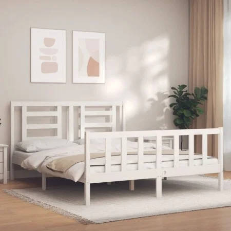White solid wood bed frame with headboard 160x200 cm by vidaXL, Beds and slatted bases - Ref: Foro24-3192892, Price: 141,32 €...