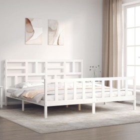 White solid wood bed frame with headboard 200x200 cm by vidaXL, Beds and slatted bases - Ref: Foro24-3193097, Price: 154,78 €...