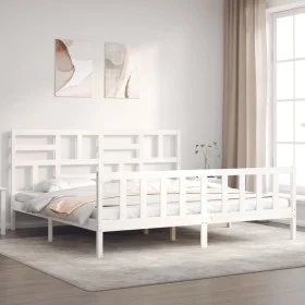 White solid wood bed frame with headboard 200x200 cm by vidaXL, Beds and slatted bases - Ref: Foro24-3193097, Price: 152,48 €...