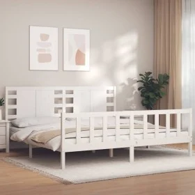 White solid wood bed frame with headboard 200x200cm by vidaXL, Beds and slatted bases - Ref: Foro24-3192837, Price: 169,65 €,...