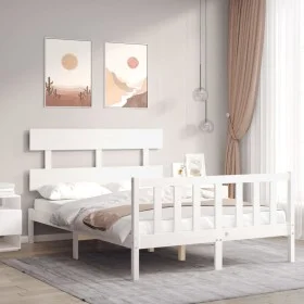 Double bed frame with white solid wood headboard by vidaXL, Beds and slatted bases - Ref: Foro24-3193242, Price: 121,40 €, Di...