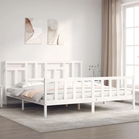 White solid wood bed frame with headboard 200x200 cm by vidaXL, Beds and slatted bases - Ref: Foro24-3193162, Price: 151,46 €...