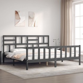 Gray solid wood bed frame with headboard 200x200 cm by vidaXL, Beds and slatted bases - Ref: Foro24-3193098, Price: 171,34 €,...