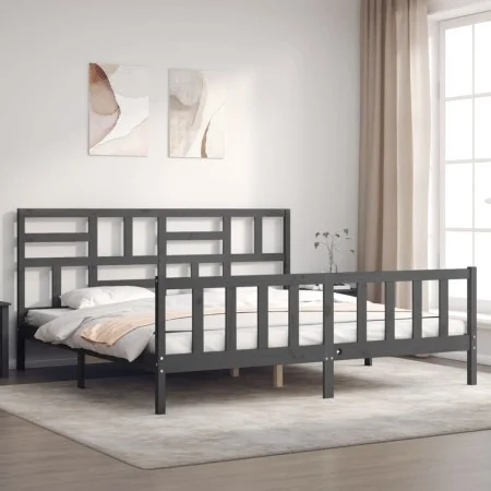 Gray solid wood bed frame with headboard 200x200 cm by vidaXL, Beds and slatted bases - Ref: Foro24-3193098, Price: 169,15 €,...