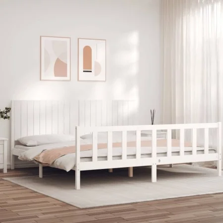 White solid wood bed frame with headboard 200x200 cm by vidaXL, Beds and slatted bases - Ref: Foro24-3192967, Price: 190,04 €...