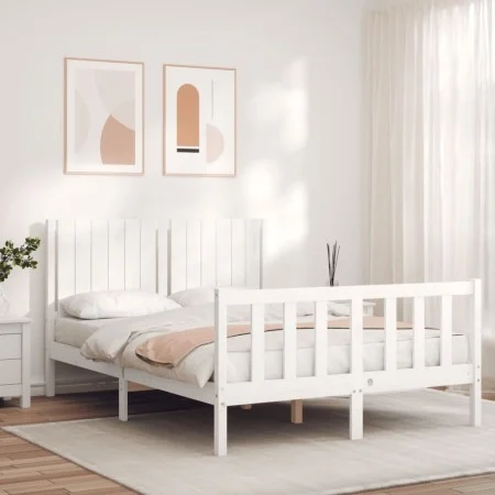 White solid wood bed frame with headboard 140x190 cm by vidaXL, Beds and slatted bases - Ref: Foro24-3192927, Price: 158,79 €...