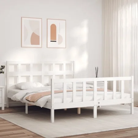 White solid wood bed frame with headboard 160x200 cm by vidaXL, Beds and slatted bases - Ref: Foro24-3193022, Price: 142,13 €...