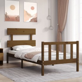 Estructura cama con cabecero madera maciza marrón miel 90x200cm