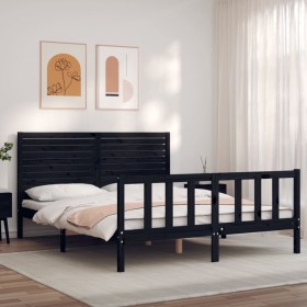 Estructura cama de matrimonio con cabecero madera maciza negro