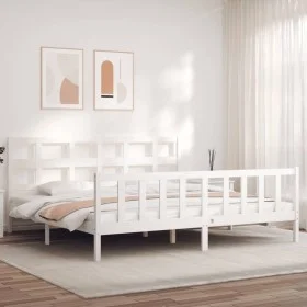 Double bed frame with white solid wood headboard by vidaXL, Beds and slatted bases - Ref: Foro24-3193027, Price: 161,24 €, Di...