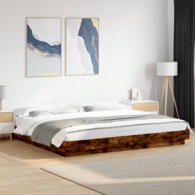 Estructura cama con luces LED madera roble ahumado 200x200 cm Estructura cama con luces LED madera roble ahumado 200x200 cm