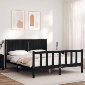 Estructura cama de matrimonio con cabecero madera maciza negro