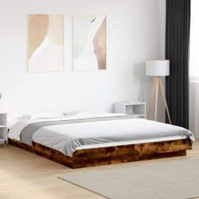 Estructura cama con luces LED madera roble ahumado 150x200 cm Estructura cama con luces LED madera roble ahumado 150x200 cm