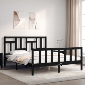 Estructura cama de matrimonio con cabecero madera maciza negro
