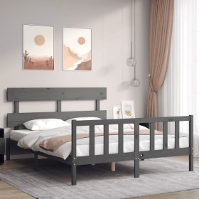 Estructura de cama matrimonio con cabecero madera maciza gris