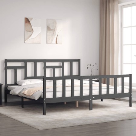 Gray solid wood bed frame with headboard 200x200 cm by vidaXL, Beds and slatted bases - Ref: Foro24-3193163, Price: 168,52 €,...
