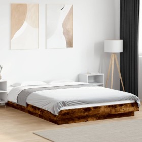 Estructura cama con luces LED madera roble ahumado 135x190 cm