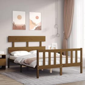 Estructura de cama matrimonio con cabecero madera marrón miel