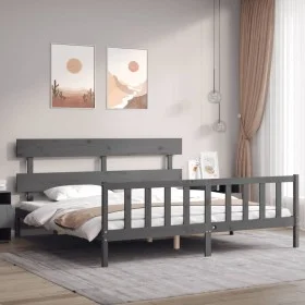 Gray solid wood bed frame with headboard 200x200 cm by vidaXL, Beds and slatted bases - Ref: Foro24-3193293, Price: 166,51 €,...