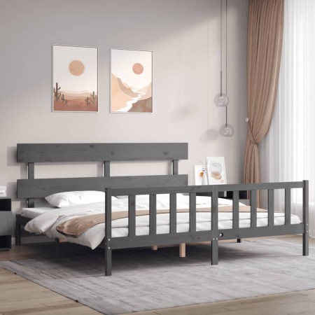 Gray solid wood bed frame with headboard 200x200 cm by vidaXL, Beds and slatted bases - Ref: Foro24-3193293, Price: 168,63 €,...