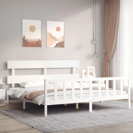 White solid wood bed frame with headboard 200x200 cm by vidaXL, Beds and slatted bases - Ref: Foro24-3193292, Price: 151,12 €...