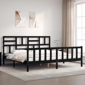 Bed frame with black solid wood headboard 200x200 cm by vidaXL, Beds and slatted bases - Ref: Foro24-3193100, Price: 203,87 €...