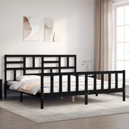 Bed frame with black solid wood headboard 200x200 cm by vidaXL, Beds and slatted bases - Ref: Foro24-3193100, Price: 201,30 €...