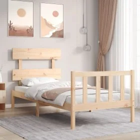 Bed frame with solid wood headboard 90x200 cm by vidaXL, Beds and slatted bases - Ref: Foro24-3193256, Price: 84,07 €, Discou...