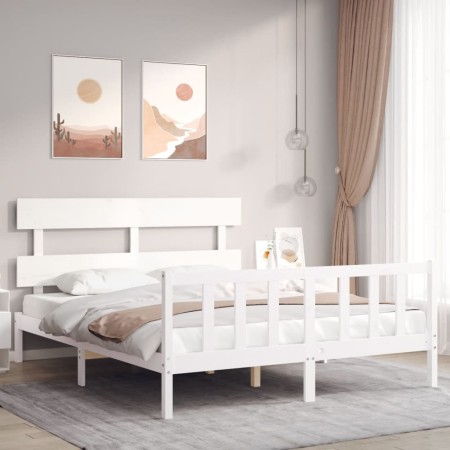 White solid wood bed frame with headboard 160x200 cm by vidaXL, Beds and slatted bases - Ref: Foro24-3193282, Price: 140,93 €...