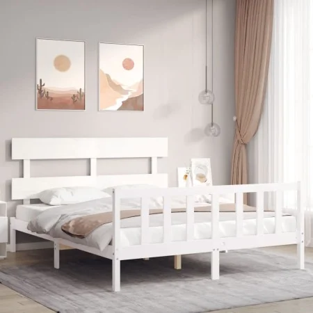 White solid wood bed frame with headboard 160x200 cm by vidaXL, Beds and slatted bases - Ref: Foro24-3193282, Price: 135,23 €...