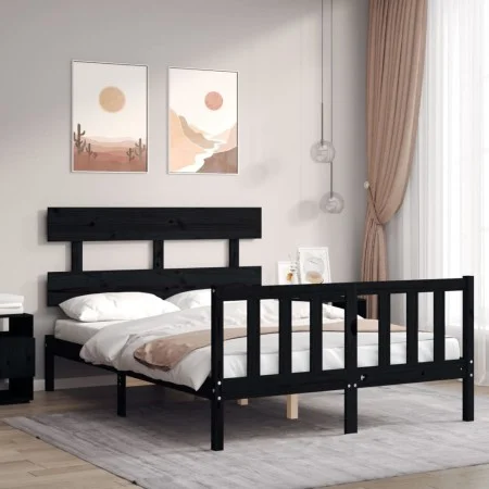 Bed frame with black solid wood headboard 140x190 cm by vidaXL, Beds and slatted bases - Ref: Foro24-3193255, Price: 167,51 €...