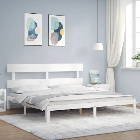 Double bed frame with white solid wood headboard by vidaXL, Beds and slatted bases - Ref: Foro24-3193547, Price: 154,49 €, Di...