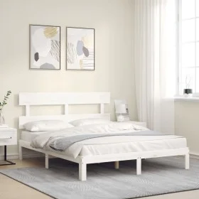 White solid wood bed frame with headboard 160x200 cm by vidaXL, Beds and slatted bases - Ref: Foro24-3193542, Price: 146,70 €...
