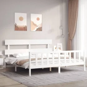 Double bed frame with white solid wood headboard by vidaXL, Beds and slatted bases - Ref: Foro24-3193287, Price: 154,82 €, Di...