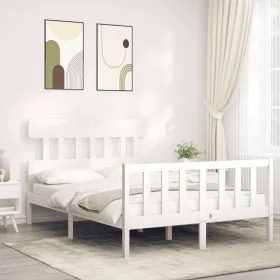 Double bed frame with white solid wood headboard by vidaXL, Beds and slatted bases - Ref: Foro24-3193307, Price: 124,09 €, Di...