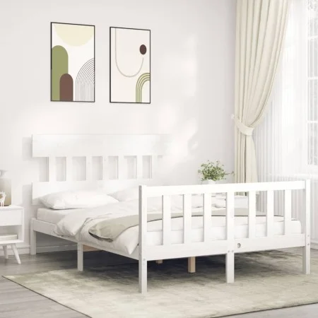 Double bed frame with white solid wood headboard by vidaXL, Beds and slatted bases - Ref: Foro24-3193307, Price: 124,09 €, Di...