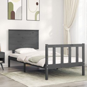 Estructura de cama con cabecero madera maciza gris