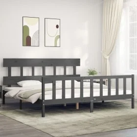 Gray solid wood bed frame with headboard 200x200cm by vidaXL, Beds and slatted bases - Ref: Foro24-3193358, Price: 168,20 €, ...