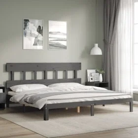 Gray solid wood bed frame with headboard 200x200 cm by vidaXL, Beds and slatted bases - Ref: Foro24-3193618, Price: 171,32 €,...