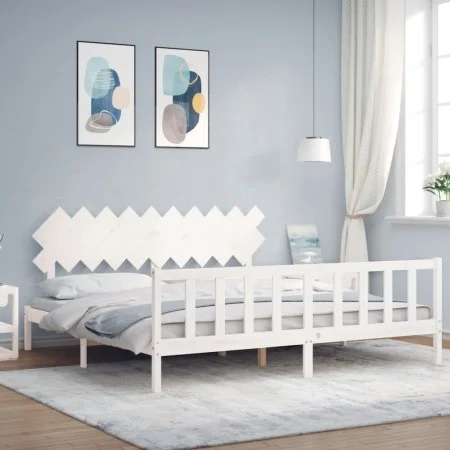 White solid wood bed frame with headboard 200x200 cm by vidaXL, Beds and slatted bases - Ref: Foro24-3193487, Price: 157,38 €...
