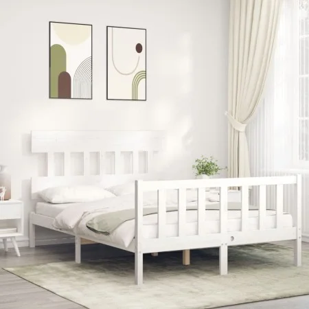 White solid wood bed frame with headboard 140x190 cm by vidaXL, Beds and slatted bases - Ref: Foro24-3193317, Price: 131,39 €...