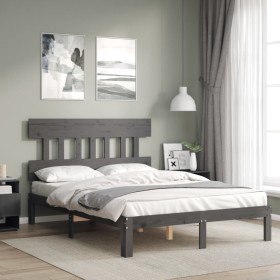 Estructura de cama con cabecero madera maciza gris