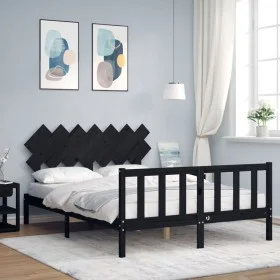 Bed frame with black solid wood headboard 140x190 cm by vidaXL, Beds and slatted bases - Ref: Foro24-3193450, Price: 173,44 €...