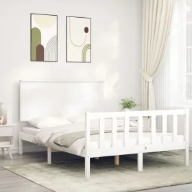Double bed frame with white solid wood headboard by vidaXL, Beds and slatted bases - Ref: Foro24-3193372, Price: 141,86 €, Di...
