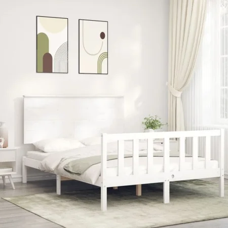 Double bed frame with white solid wood headboard by vidaXL, Beds and slatted bases - Ref: Foro24-3193372, Price: 141,86 €, Di...