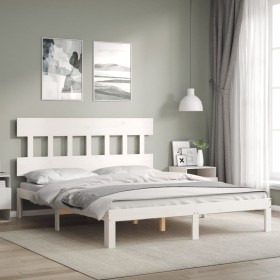 White solid wood bed frame with headboard 160x200 cm by vidaXL, Beds and slatted bases - Ref: Foro24-3193607, Price: 151,88 €...