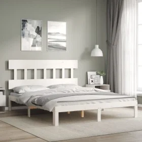 White solid wood bed frame with headboard 160x200 cm by vidaXL, Beds and slatted bases - Ref: Foro24-3193607, Price: 149,97 €...
