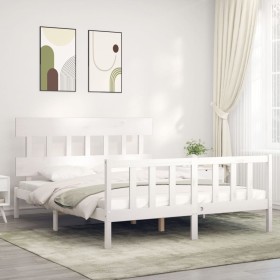 White solid wood bed frame with headboard 160x200 cm by vidaXL, Beds and slatted bases - Ref: Foro24-3193347, Price: 140,82 €...